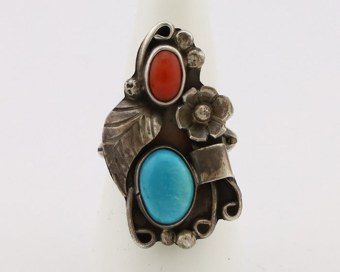 Navajo Handmade Ring 925 Silver Turquiose & Coral Artist Signed WJ C.80's
