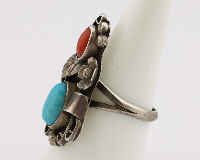 Navajo Handmade Ring 925 Silver Turquiose & Coral Artist Signed WJ C.80's