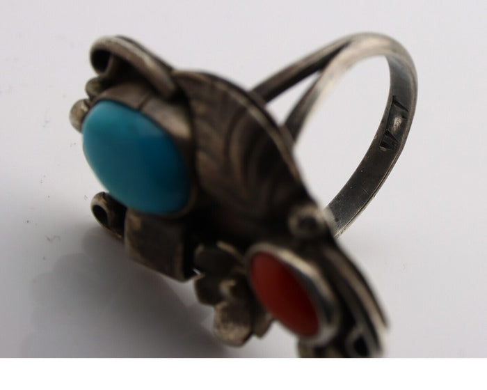 Navajo Handmade Ring 925 Silver Turquiose & Coral Artist Signed WJ C.80's