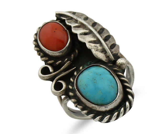 Navajo Handmade Ring 925 Silver Turquiose & Coral Native American Artist C.80's