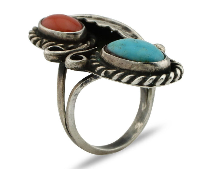 Navajo Handmade Ring 925 Silver Turquiose & Coral Native American Artist C.80's