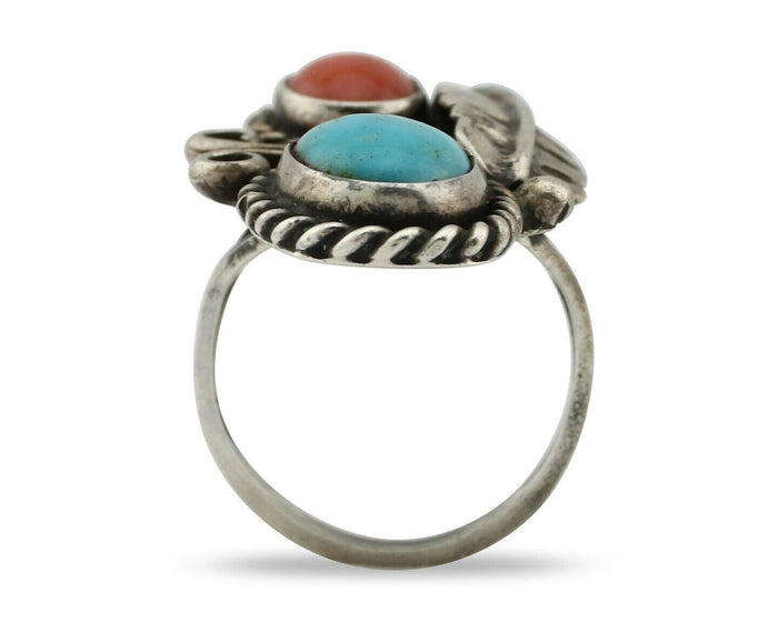 Navajo Handmade Ring 925 Silver Turquiose & Coral Native American Artist C.80's