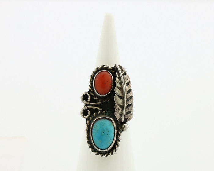 Navajo Handmade Ring 925 Silver Turquiose & Coral Native American Artist C.80's