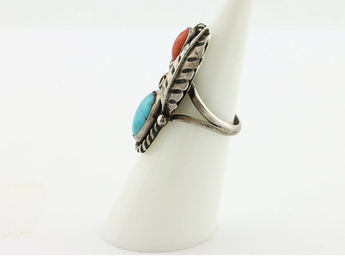 Navajo Handmade Ring 925 Silver Turquiose & Coral Native American Artist C.80's