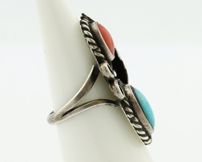 Navajo Handmade Ring 925 Silver Turquiose & Coral Native American Artist C.80's