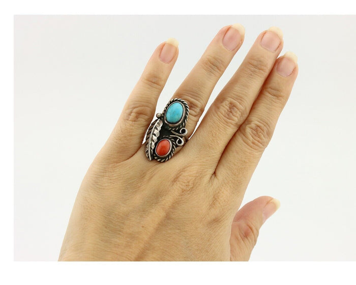 Navajo Handmade Ring 925 Silver Turquiose & Coral Native American Artist C.80's
