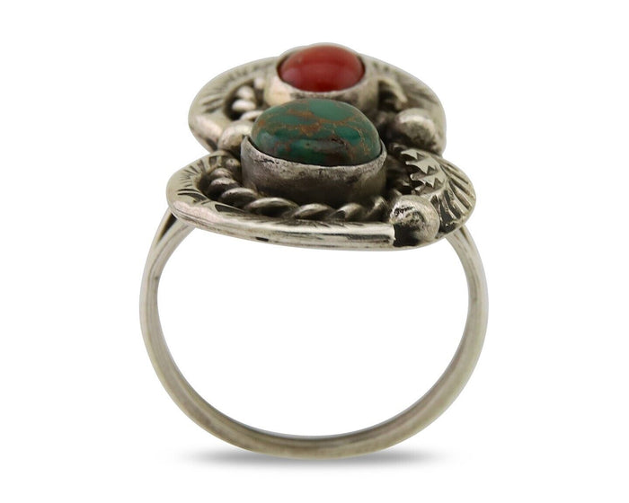 Navajo Handmade Ring 925 Silver Turquoise & Coral Native Artist C.80's