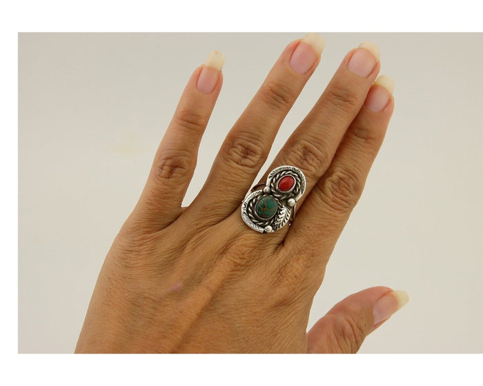 Navajo Handmade Ring 925 Silver Turquoise & Coral Native Artist C.80's