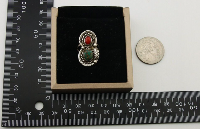 Navajo Handmade Ring 925 Silver Turquoise & Coral Native Artist C.80's