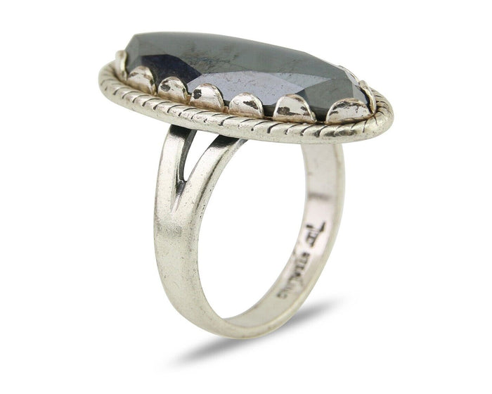 Navajo Hematite Ring 925 Silver Artist Signed Hanging Arrow Size 6.0