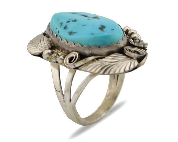 Navajo Inlay Band Ring 925 Silver Sleeping B Turquoise Signed Justin Morris C80s