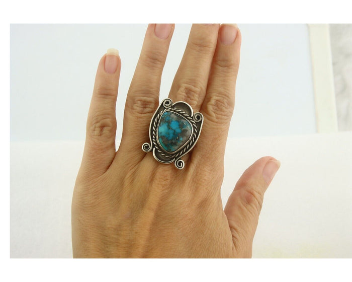 Navajo Men Ring 925 Sterling Natural Blue Turquoise Native Artist C80 Size 10.25