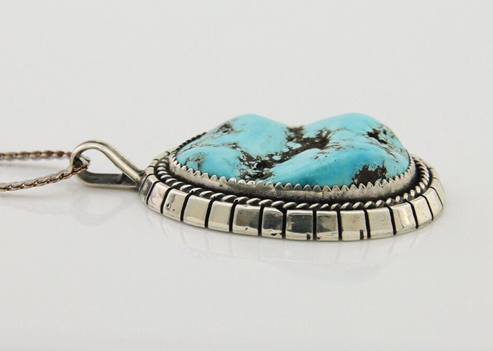 Navajo Necklace 925 Silver Natural Blue Turquoise Artist Signed Tom Willeto C80s