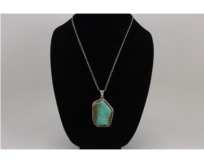 Navajo Necklace 925 Silver Natural Whole Slab Turquoise Signed Pictograph C.80's