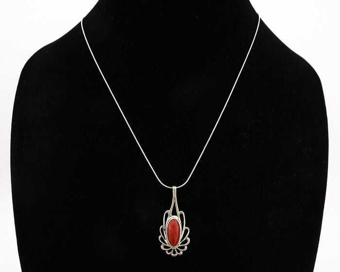 Navajo Necklace 925 Silver Red Medterranean Coral Native Artist C.80's