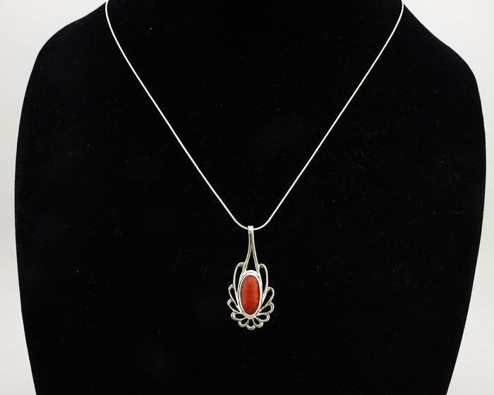 Navajo Necklace 925 Silver Red Medterranean Coral Native Artist C.80's