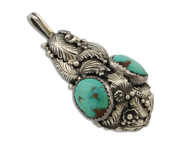 Navajo Pendant 925 Silver Natural Mined High Grade Turquoise Signed Tom Willeto