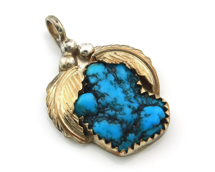 Navajo Pendant Sterling Silver & Gold Natural Blue Turquoise Authentic Native