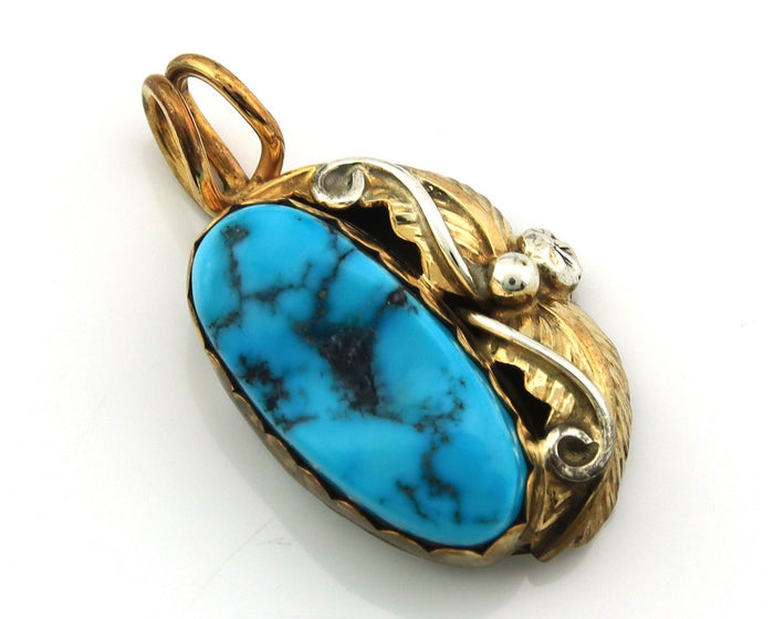 Navajo Pendant Sterling Silver & Gold Natural Blue Turquoise Signed GK