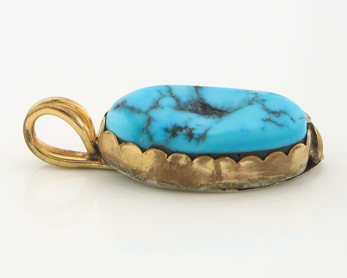 Navajo Pendant Sterling Silver & Gold Natural Blue Turquoise Signed GK