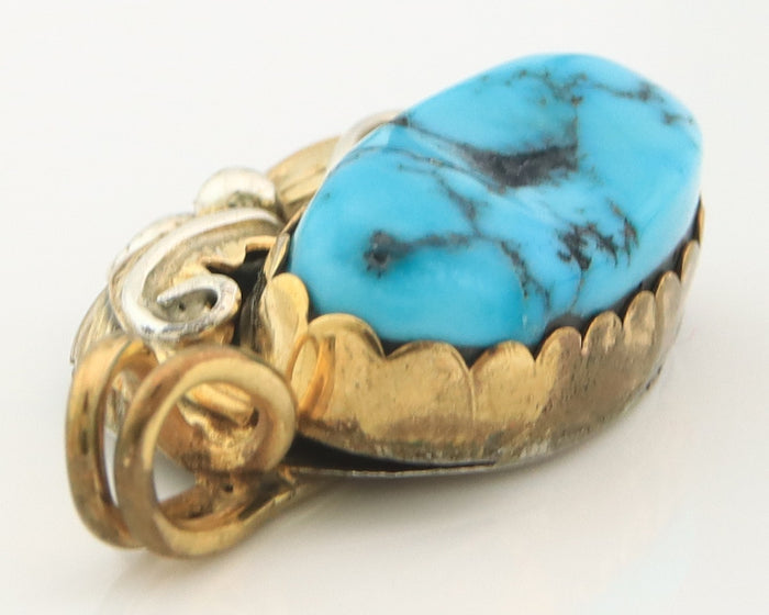Navajo Pendant Sterling Silver & Gold Natural Blue Turquoise Signed GK