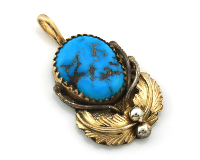 Navajo Pendant Sterling Silver & Gold Natural Blue Turquoise Signed Virgnina C