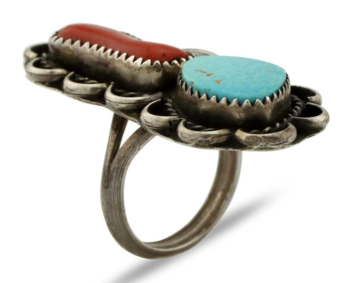 Navajo Ring 925 Silver Blue Turquiose & Coral Artist Signed ID C.80's