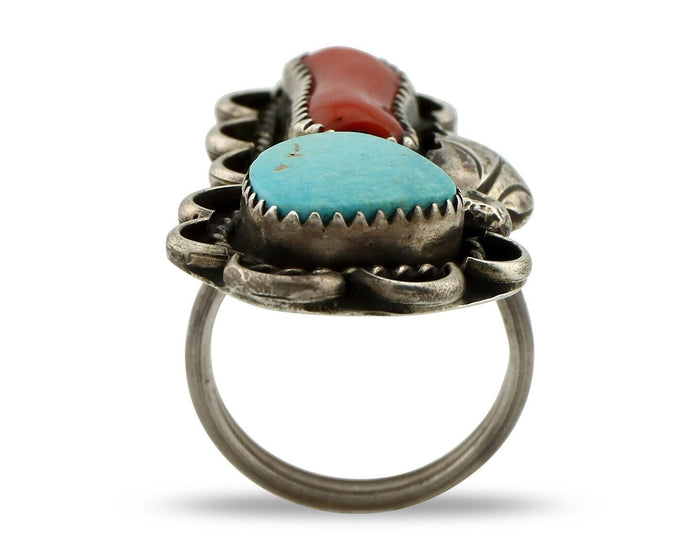 Navajo Ring 925 Silver Blue Turquiose & Coral Artist Signed ID C.80's