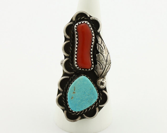 Navajo Ring 925 Silver Blue Turquiose & Coral Artist Signed ID C.80's