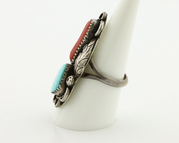 Navajo Ring 925 Silver Blue Turquiose & Coral Artist Signed ID C.80's