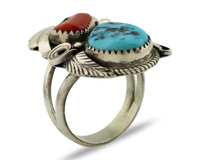 Navajo Ring 925 Silver Blue Turquiose & Coral Artist Signed Justin Morris C.80's