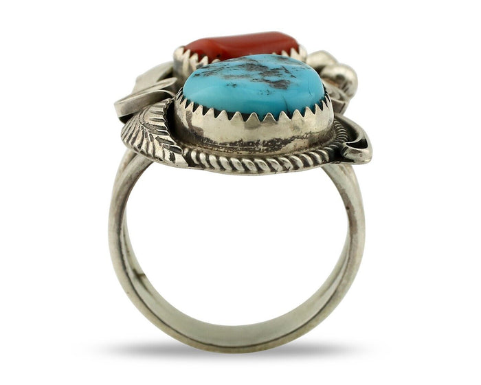 Navajo Ring 925 Silver Blue Turquiose & Coral Artist Signed Justin Morris C.80's