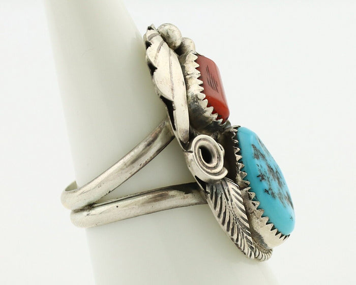 Navajo Ring 925 Silver Blue Turquiose & Coral Artist Signed Justin Morris C.80's
