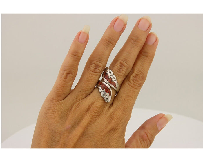 Navajo Ring 925 Silver Chip Inlay Coral Native Artist C.80's