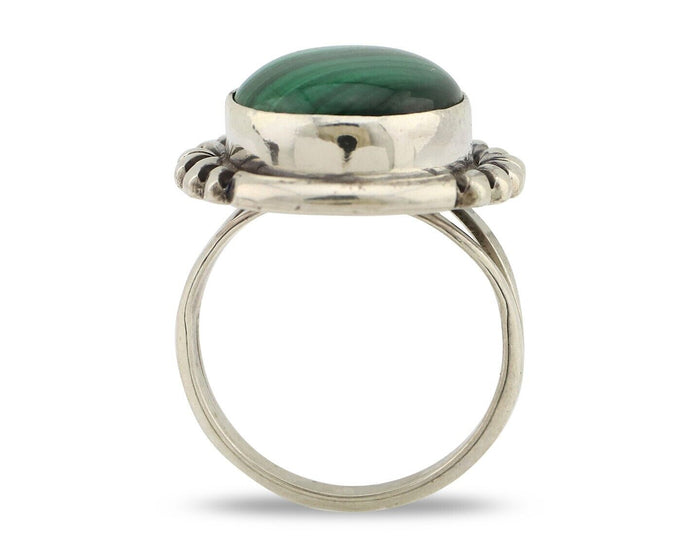 Navajo Ring 925 Silver Hand Stamped Natural Malachite Artist Signed NAKAI C.80's