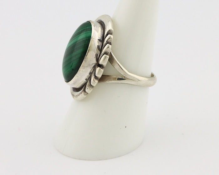 Navajo Ring 925 Silver Hand Stamped Natural Malachite Artist Signed NAKAI C.80's