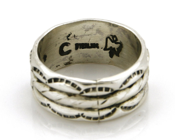 Navajo Ring .925 Silver Handmade Hand Stamped 3 Row Rope Band C.1980's
