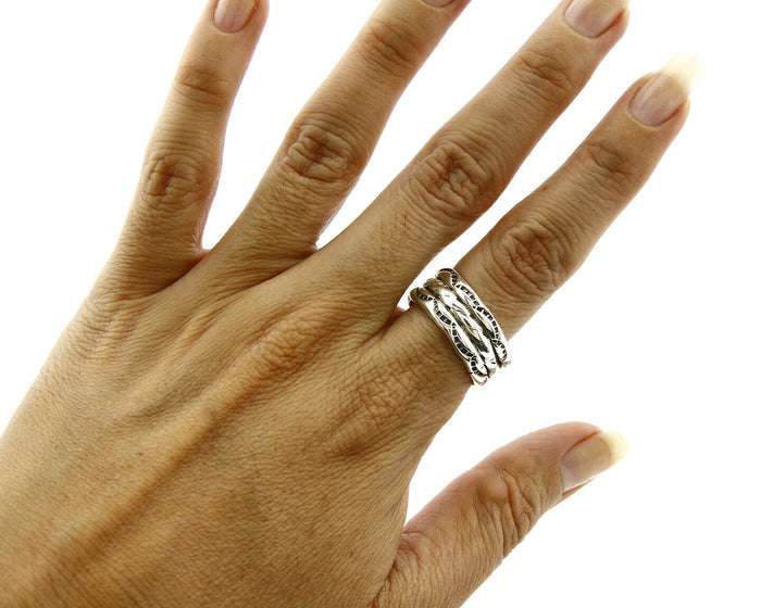 Navajo Ring .925 Silver Handmade Hand Stamped 3 Row Rope Band C.1980's