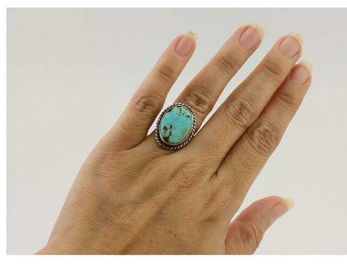 Navajo Ring 925 Silver Kingman Turquoise Native American Artist C.80's
