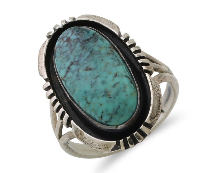 Navajo Ring 925 Silver Kingman Turquoise Native American Artist Size 8.0 C.80's