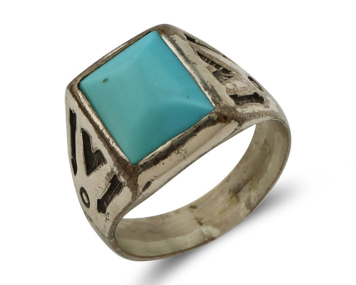 Navajo Ring 925 Silver Kingman Turquoise Signed Sun Bell Silver Company C.80's