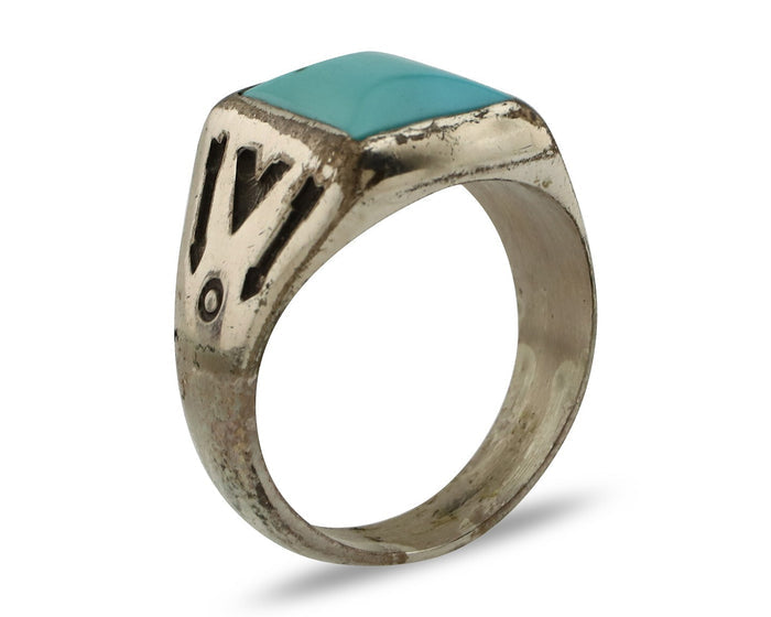 Navajo Ring 925 Silver Kingman Turquoise Signed Sun Bell Silver Company C.80's