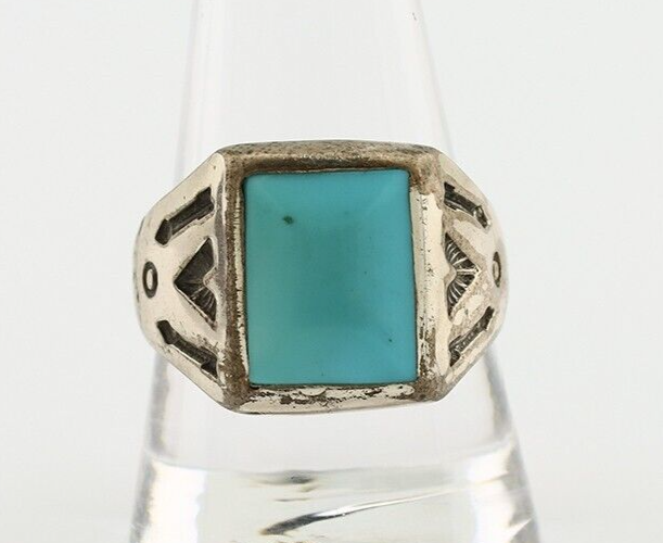 Navajo Ring 925 Silver Kingman Turquoise Signed Sun Bell Silver Company C.80's