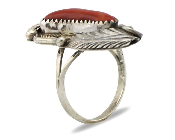 Navajo Ring 925 Silver Mediterranean Coral Artist Signed Justin Morris C.80's