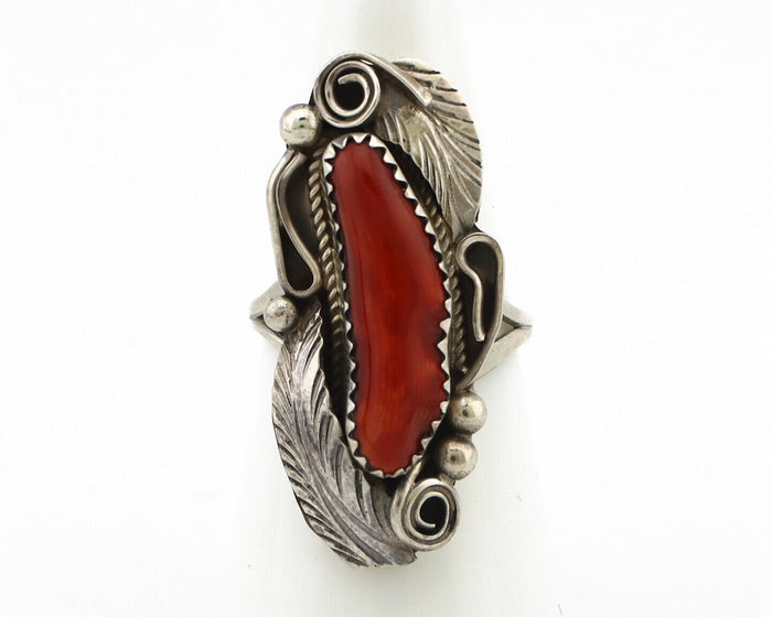 Navajo Ring 925 Silver Mediterranean Coral Artist Signed Justin Morris C.80's