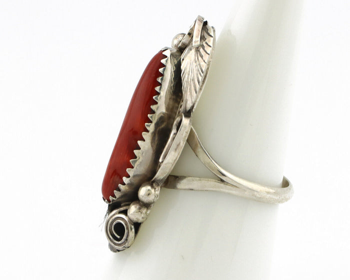 Navajo Ring 925 Silver Mediterranean Coral Artist Signed Justin Morris C.80's