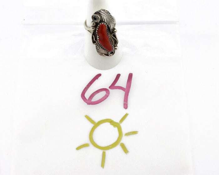 Navajo Ring 925 Silver Mediterranean Coral Artist Signed Justin Morris C.80's