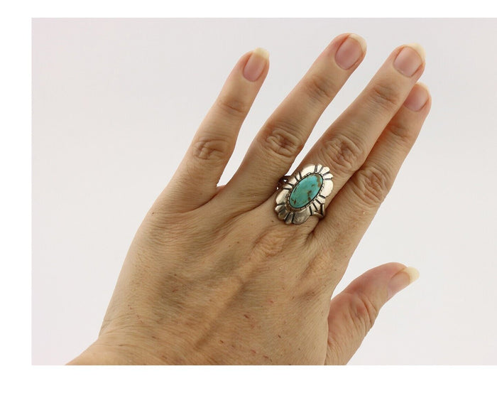 Navajo Ring 925 Silver Natural Blue Turquoise Artist Signed M Montoya C.80's