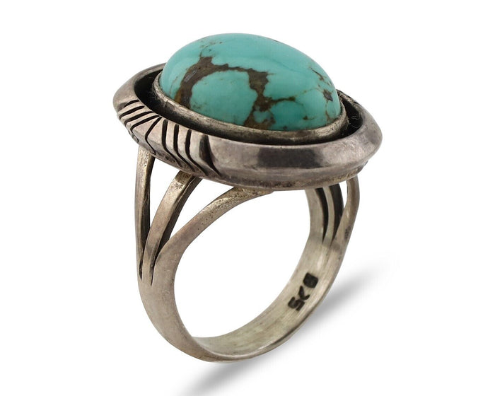Navajo Ring 925 Silver Natural Blue Turquoise Artist Signed Pictograph C.80's