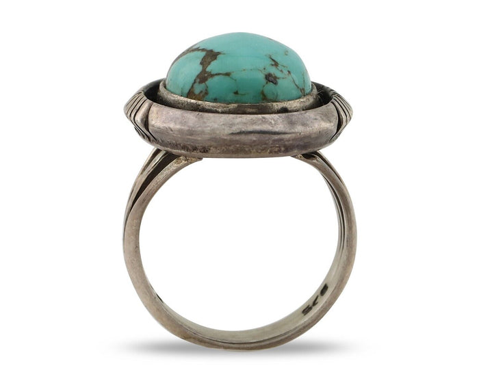 Navajo Ring 925 Silver Natural Blue Turquoise Artist Signed Pictograph C.80's